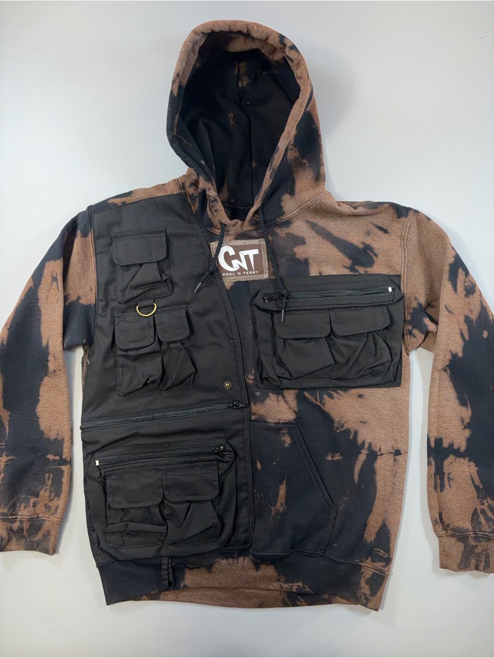 CNT Coal N Terry Utility Cargo Multi Pocket Hoodie Brown Black Reverse Dye Look